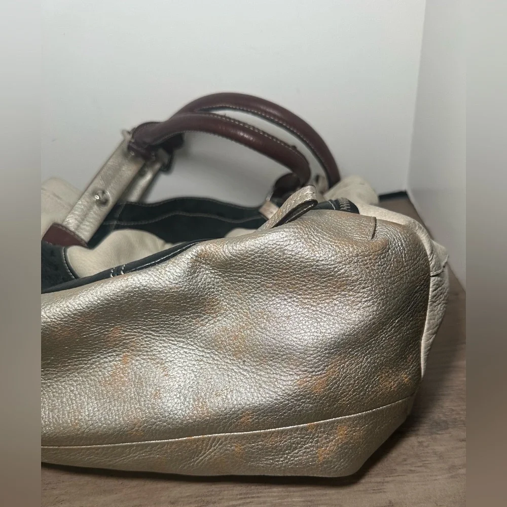 B. Makowsky Cream, Black, & Metallic‎ Pebbled Leather Hobo Bag.